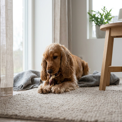 Cocker spaniel som tuggar Denta Fun tuggfläta i beef hemma vid fönstret