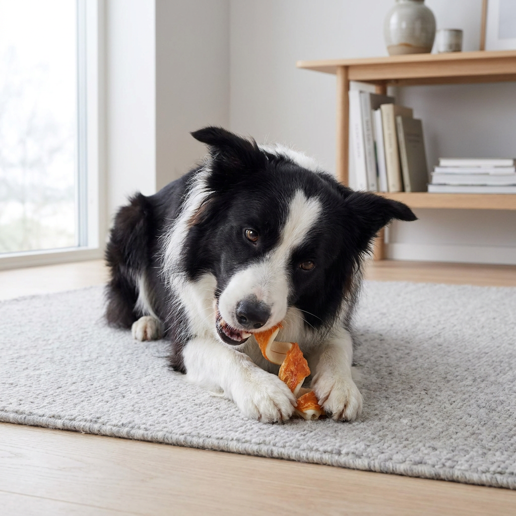 Border collie som tuggar Denta Fun Tuggspiral kyckling på ekgolv i svenskt vardagsrum