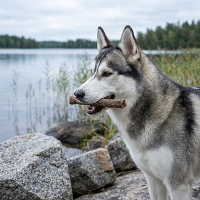 Husky som håller RAUH! Belly Stick tuggben i svenskt skogslandskap