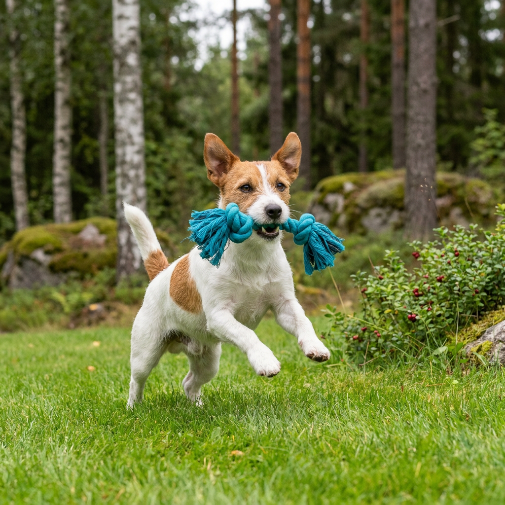 Jack russell-terrier som leker med Trixie repleksak flosstugg på en svensk gräsmatta