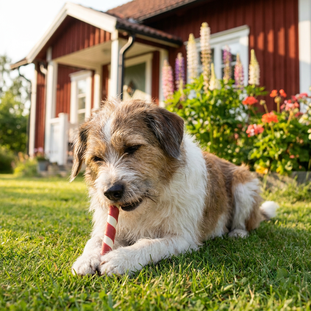 Hund som tuggar en Trixie tuggrulle fylld med anka i en svensk trädgård