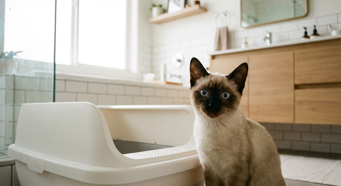 Siameskattunge sitter bredvid en kattlåda i ett ljust badrum med naturligt dagsljus