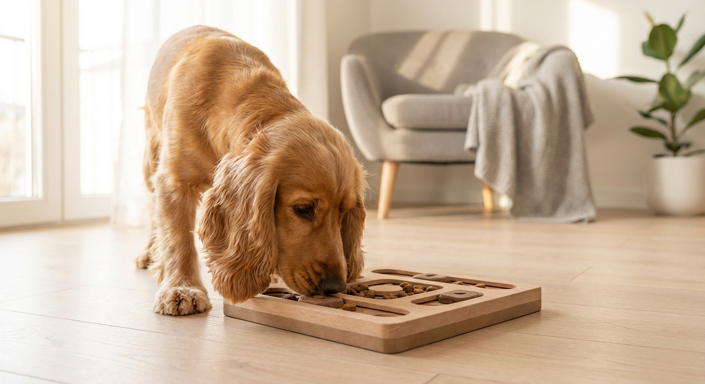 Cocker spaniel som leker med en aktiveringsleksak fylld med godis på ljust trägolv i Skandinaviskt hem
