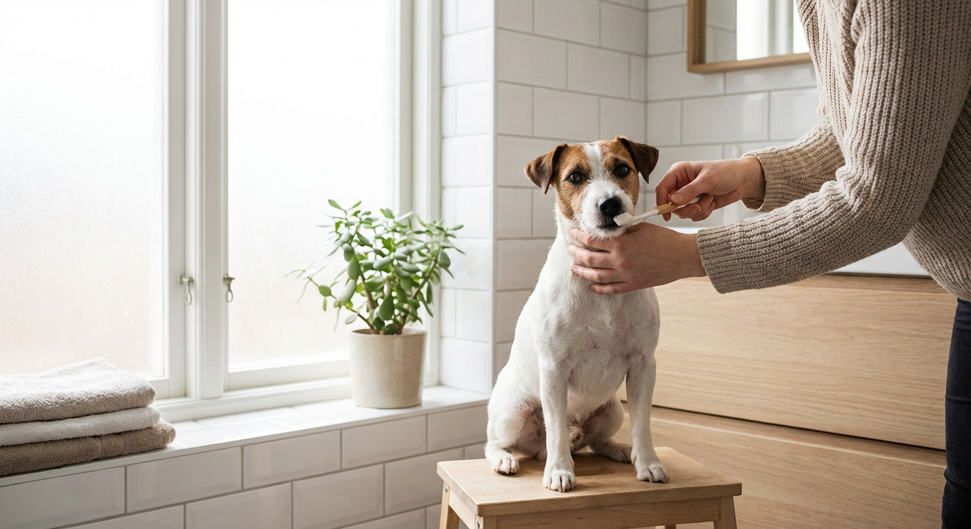 Jack russell terrier får tänderna borstade i ett ljust badrum med naturligt ljus