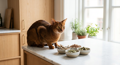 Abessinier som undersöker hälsosamt kattgodis på ett köksbord i naturligt ljus