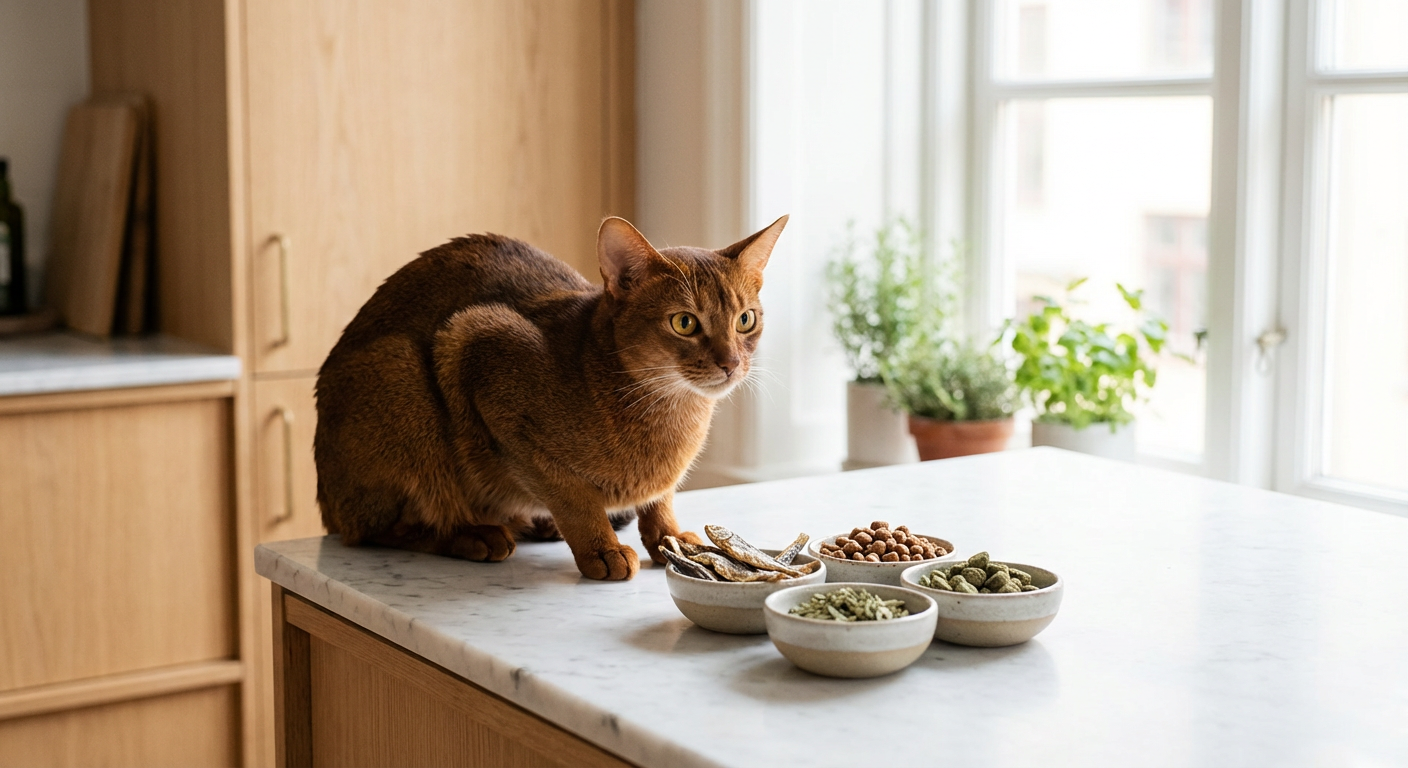 Abessinier som undersöker hälsosamt kattgodis på ett köksbord i naturligt ljus