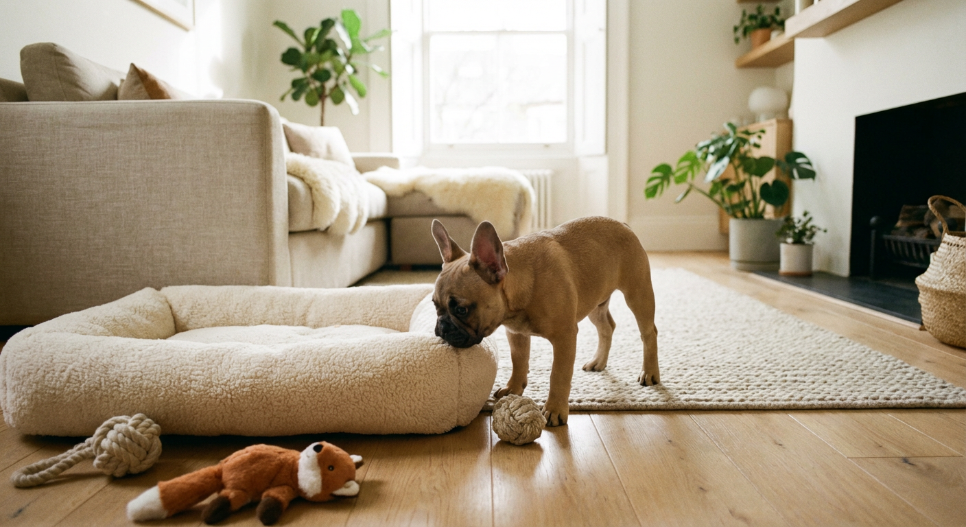 Fransk bulldogg-valp utforskar sitt nya hem i ett ljust vardagsrum med hundbädd och leksaker