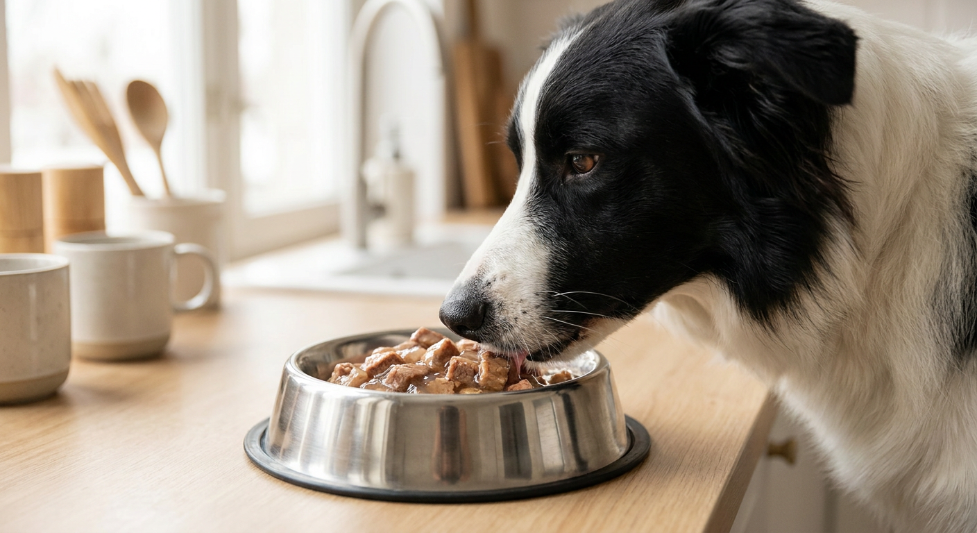 Border collie äter våtfoder i gelé i modernt skandinaviskt kök