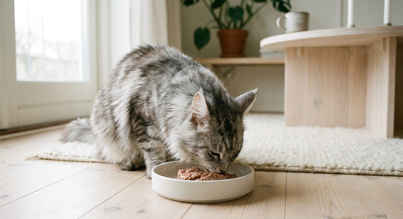 Maine Coon katt äter våtfoder paté ur vit keramikskål i skandinavisk miljö