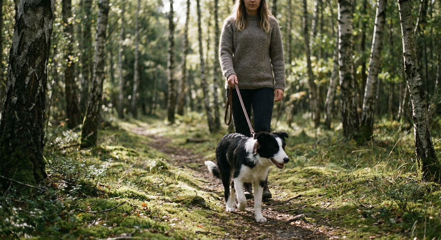 Border collie går löst i koppel på skogsstig med avslappnad ägare