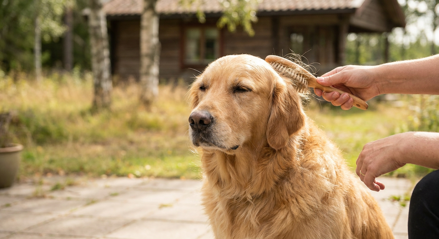 Golden retriever borstas utomhus under pälsbytet med underullskarda