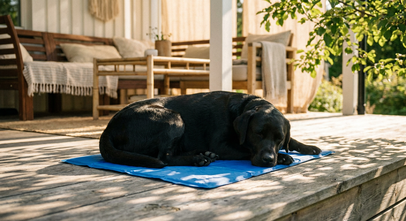 Svart labrador vilar på kyldyna utomhus i sommarskugga