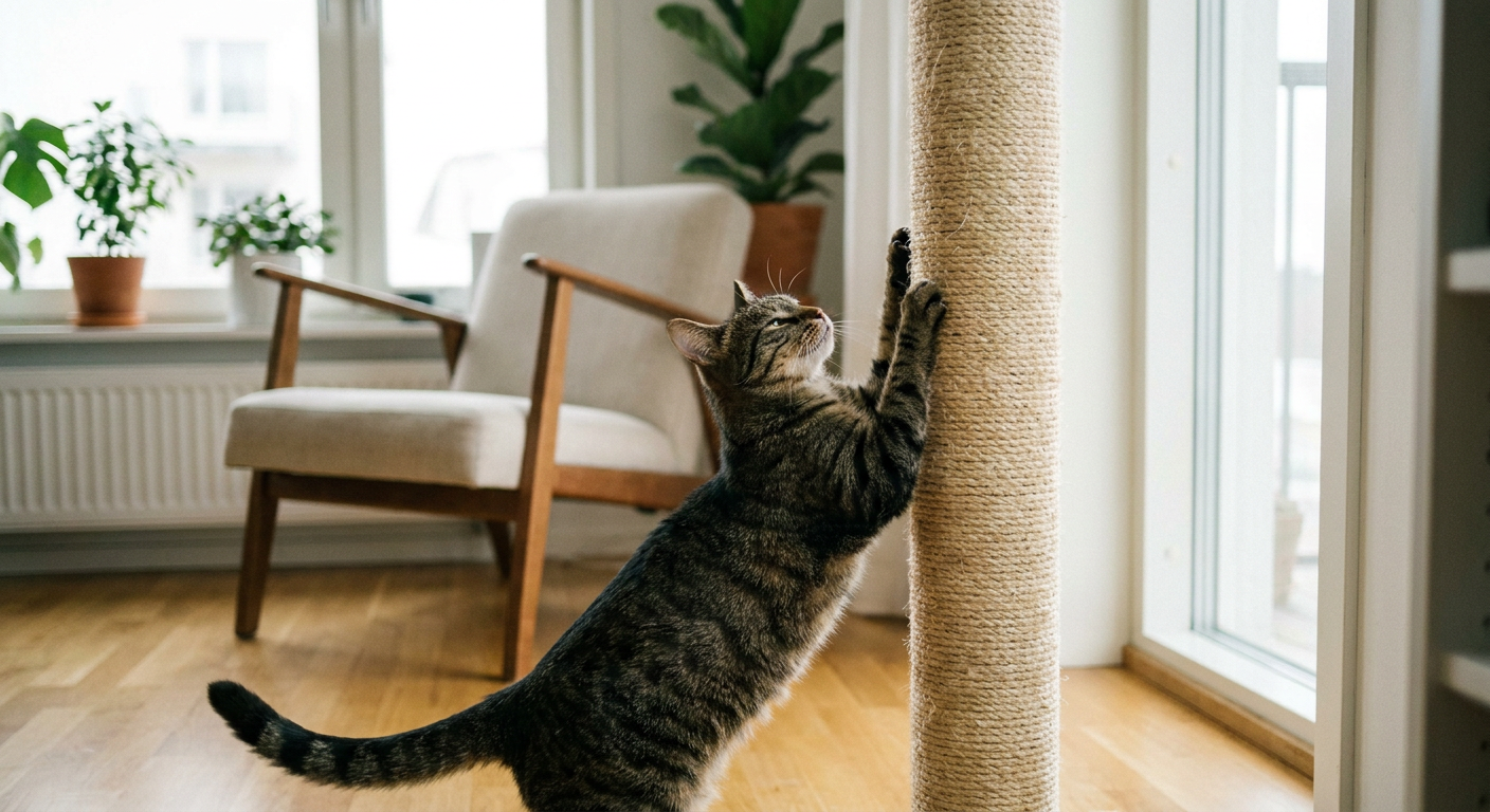 Tabbystrimmig katt klöser på sisalbräda i ljust skandinaviskt vardagsrum