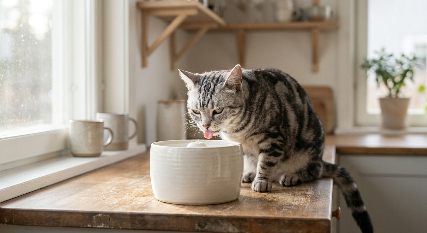 Silvertabbykatt dricker ur keramisk vattenfontän i ljust skandinaviskt kök