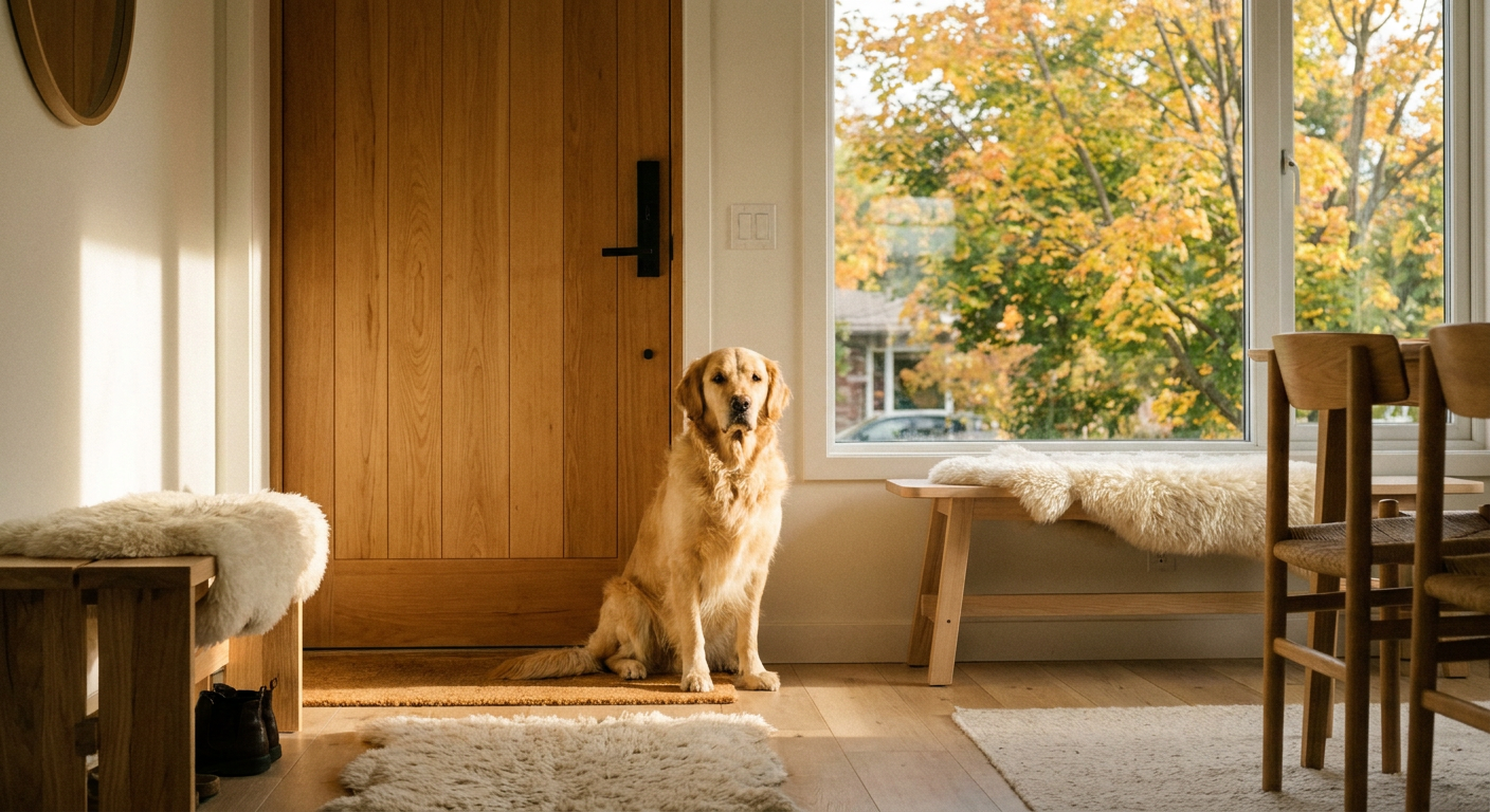 Golden retriever sitter vid ytterдörren i höstmorgonljus