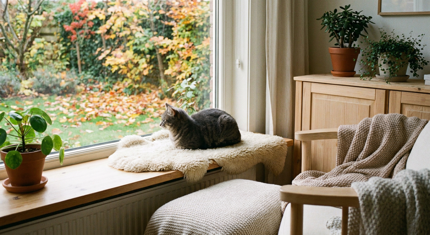 Grå tabby katt sitter på fönsterbrädan och ser ut mot höstlöven