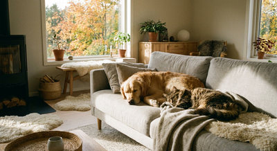 Hund och katt sitter tillsammans i ett lugnt skandinaviskt vardagsrum
