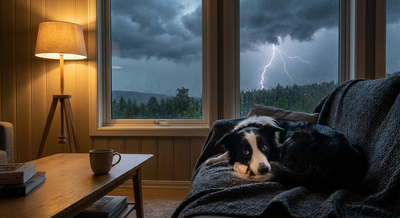 Border Collie kryper ihop på filt inomhus under åskväder