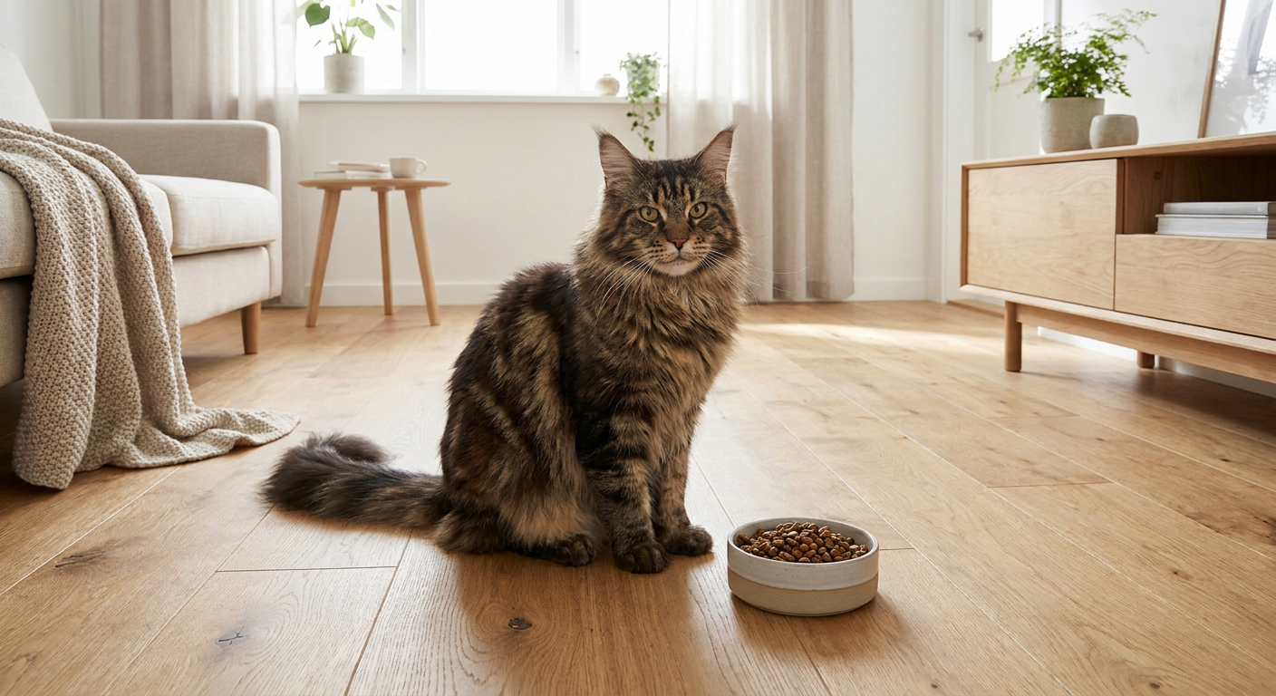 Maine coon katt med tofs och lång päls i skandinaviskt hem