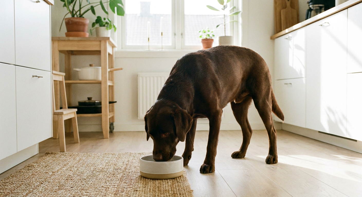 Chokladfärgad labrador retriever som äter ur hundskål