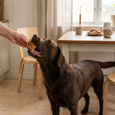 Chokladfärgad labrador som tar emot Denta Fun Kanelbulle anka ur en hand i svenskt kök