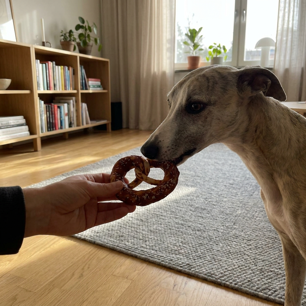 Whippet som tar emot Denta Fun Tuggkringla anka ur en hand i ett svenskt hem