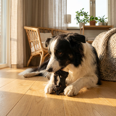 Border collie som gnager på Emmzo oxmule med päls på ekgolv i svenskt vardagsrum