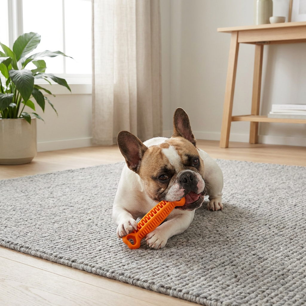 Fransk bulldog som tuggar Fiboone dentalleksak på en matta i svenskt vardagsrum