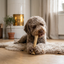 Lagotto som tuggar Monster Beef Filled tuggben i ett mysigt svenskt hem