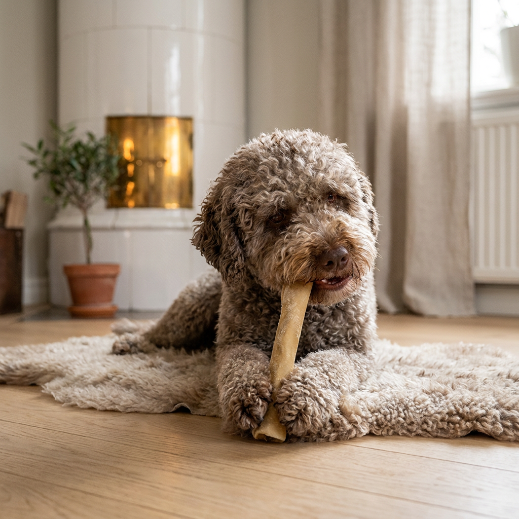 Lagotto som tuggar Monster Beef Filled tuggben i ett mysigt svenskt hem