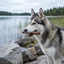 Husky som håller RAUH! Belly Stick tuggben i svenskt skogslandskap