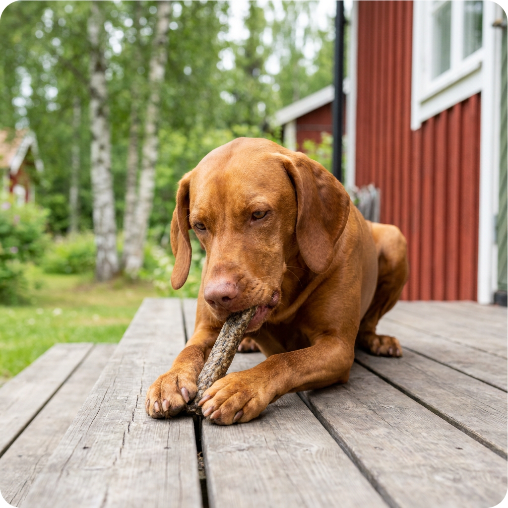 Vizsla som tuggar RAUH! Crunchy Moose tuggben vid en röd stuga i svensk natur