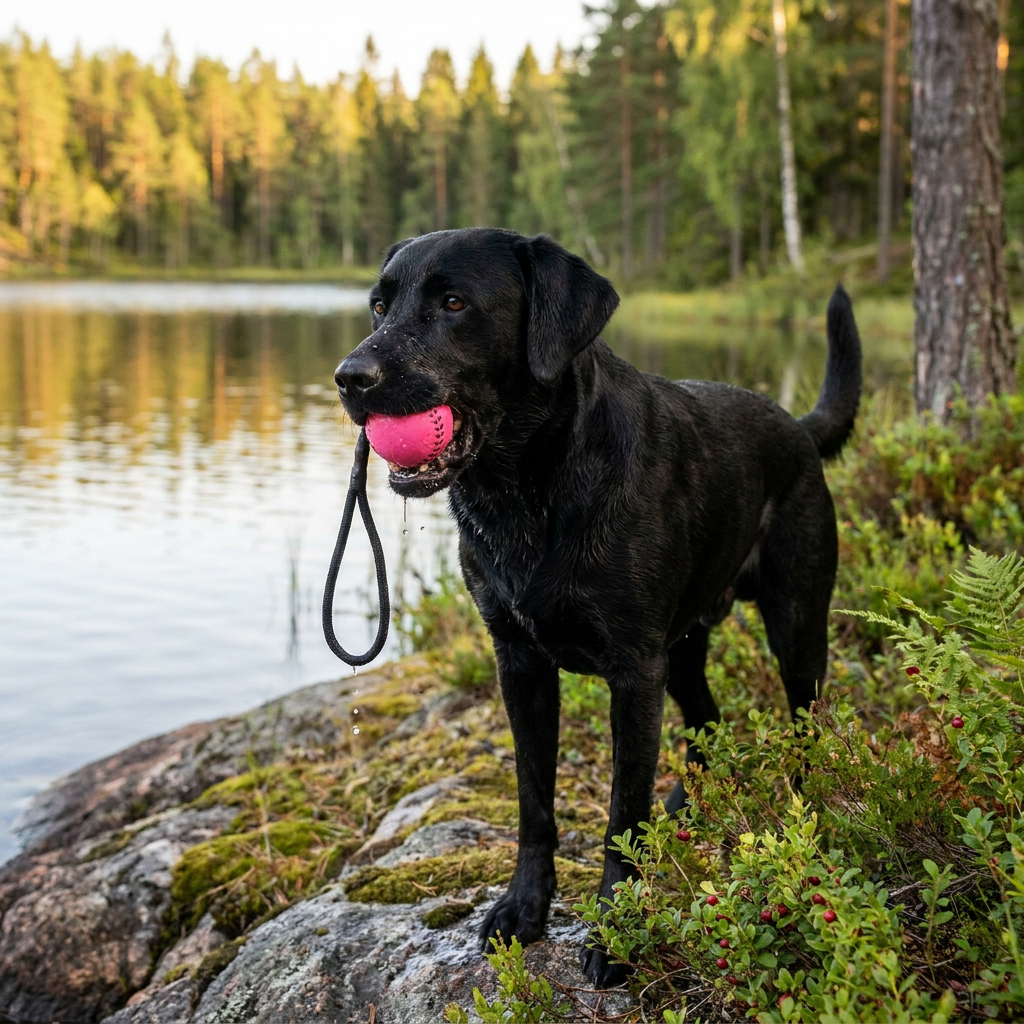 Svart labrador vid en svensk skogssjö med TRIXIE flytande mjukgummiboll på rep i munnen