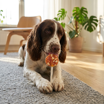English springer spaniel som tuggar Trixie Denta Fun Chicken Cheese Lolly i ett varmt svenskt vardagsrum