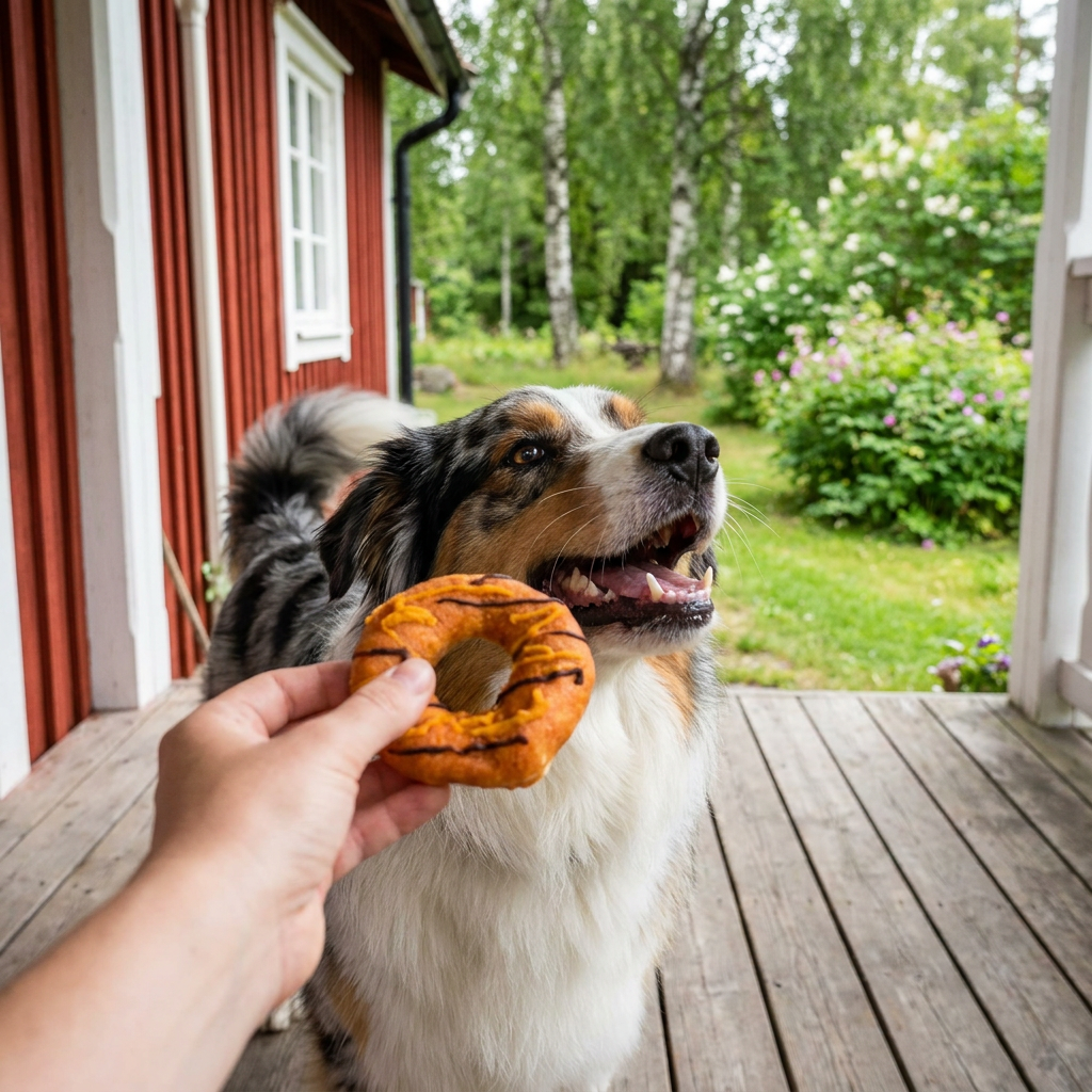 Australian shepherd som tar emot TRIXIE Donut tuggben ur en hand vid en svensk stuga