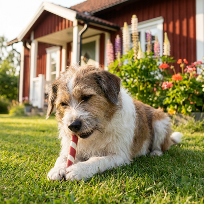 Hund som tuggar en Trixie tuggrulle fylld med anka i en svensk trädgård